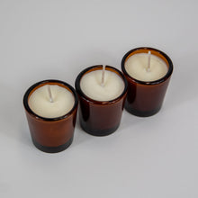 Load image into Gallery viewer, soy votives candles in amber glass jars