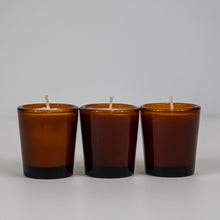 Load image into Gallery viewer, soy votive candle in amber glass jars
